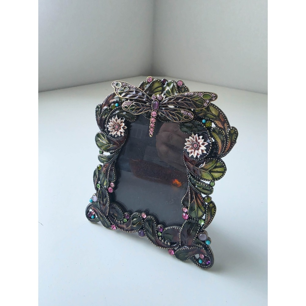 Art Nouveau Dragonfly Enamel Crystal Rhinestone Mini Picture Frame Vintage